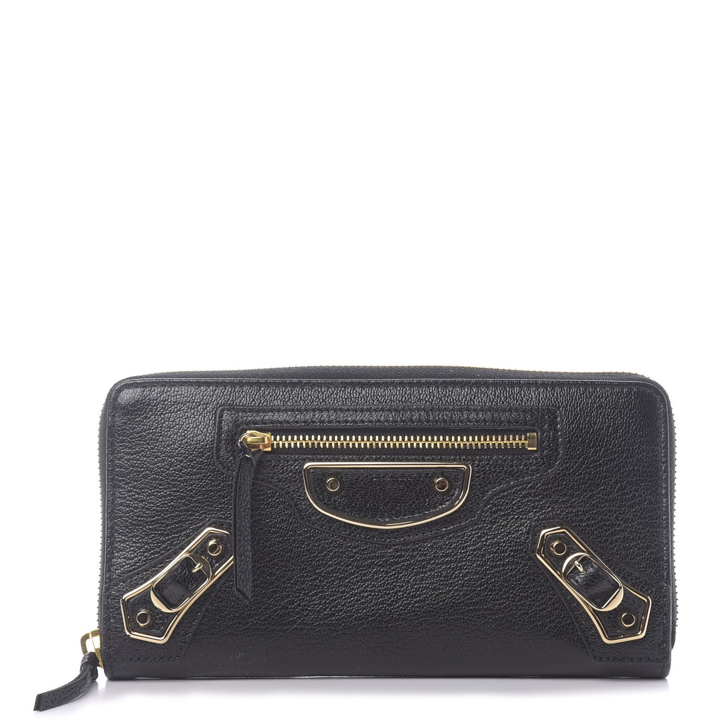 Chevre Gold Metallic Edge Hardware Zip Around Wallet Black