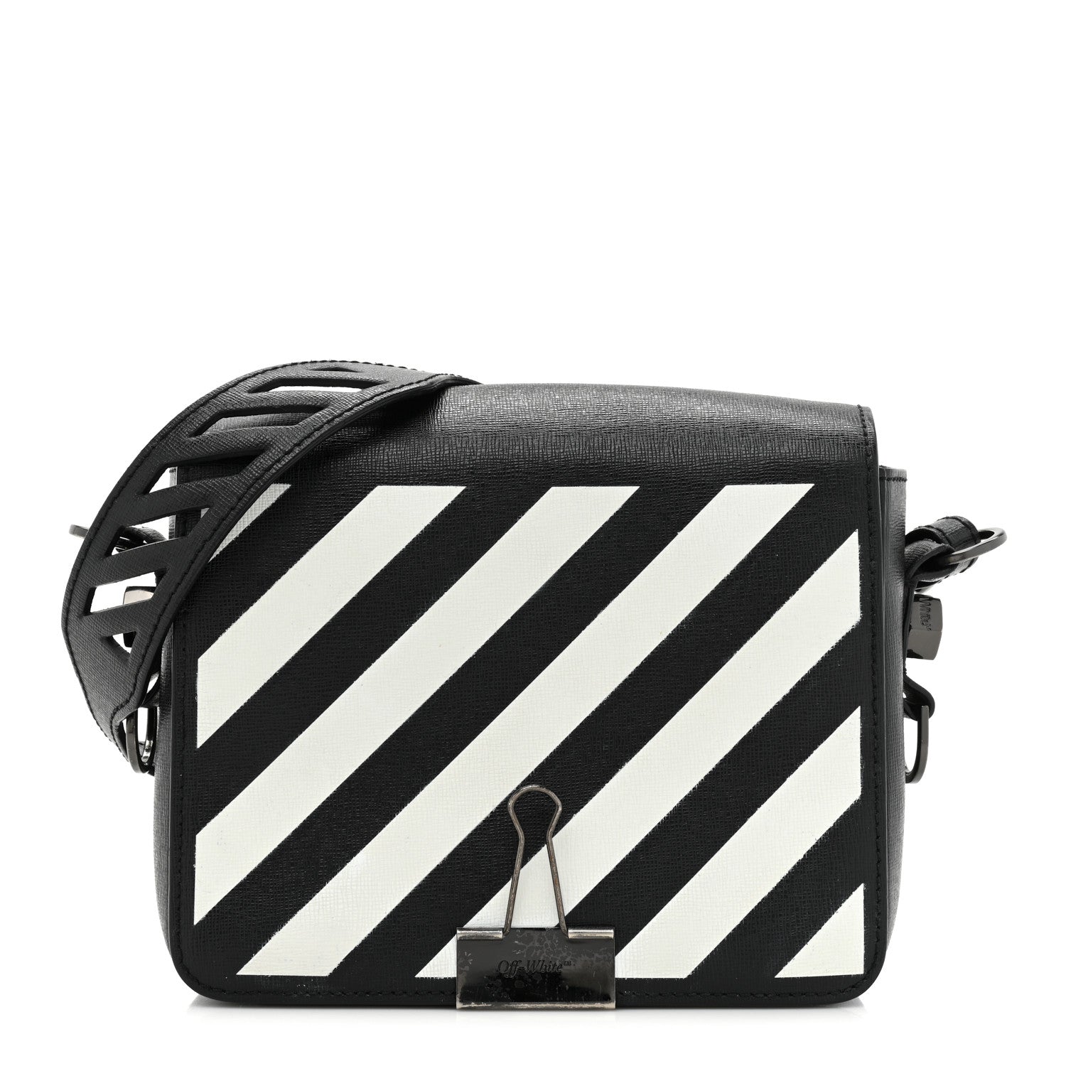 Off-White Saffiano Striped Diag Binder Clip Bag Black White 1 of 10