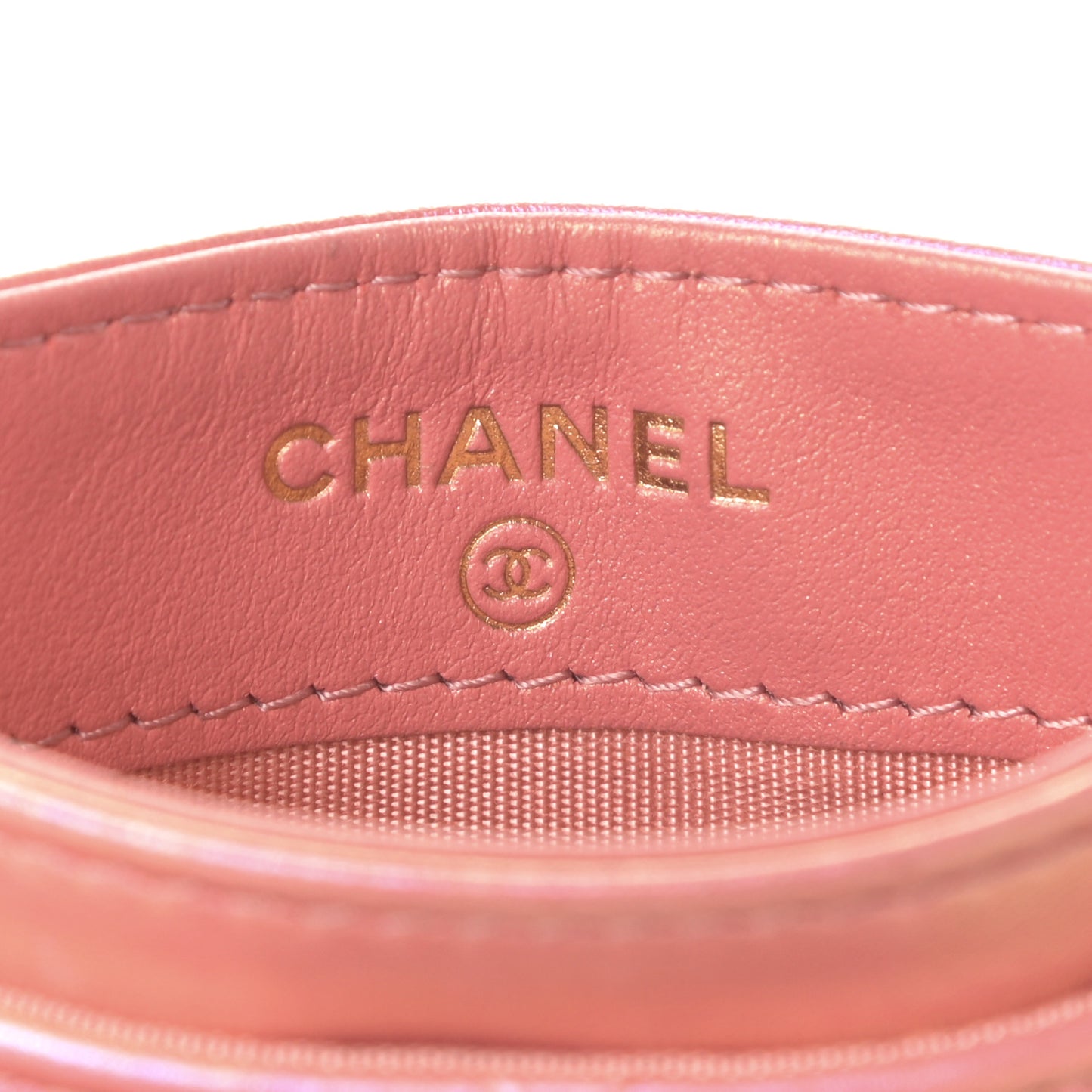 Iridescent Calfskin Quilted Chanel 19 Card Holder Pink