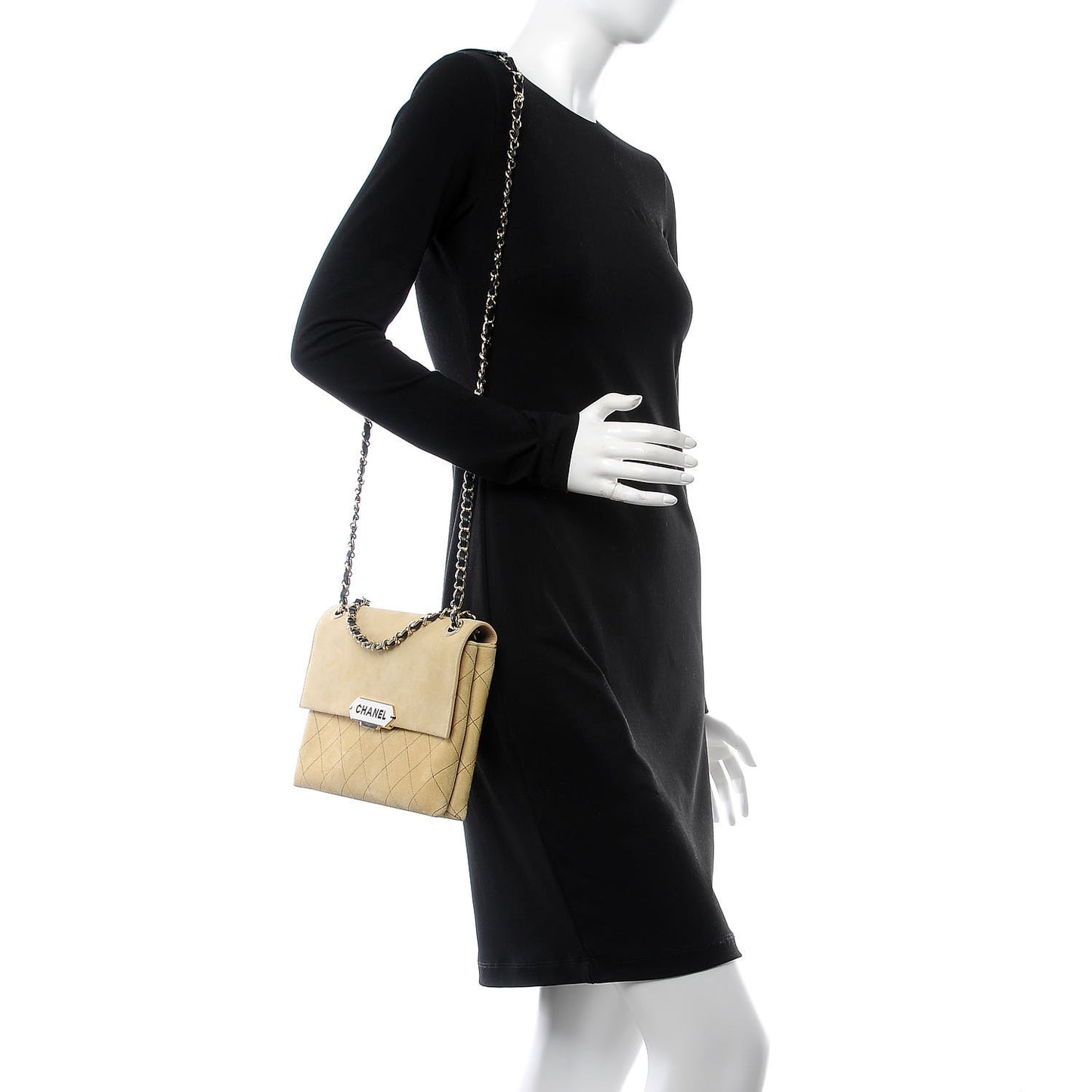 Suede Quilted Retro Label Flap Bag Beige Black