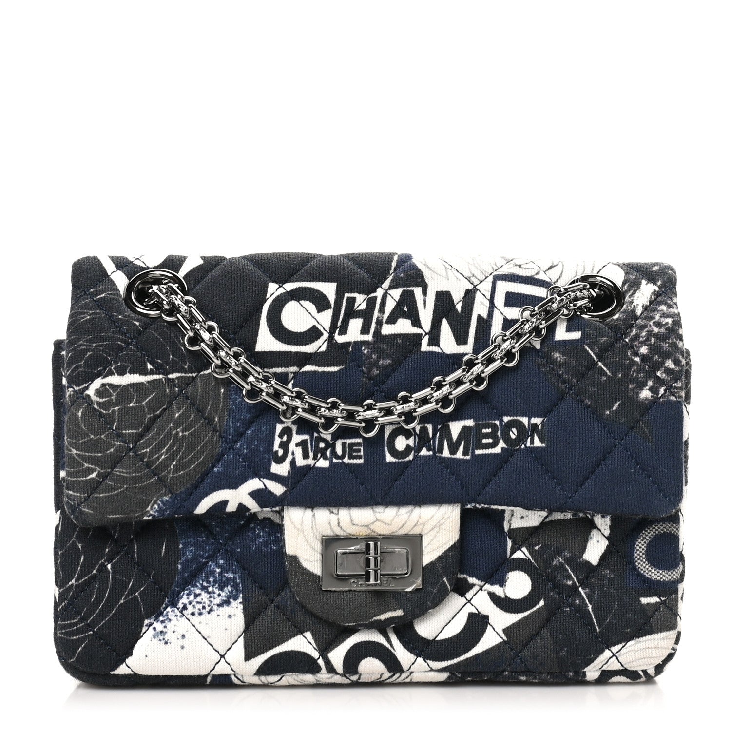 Chanel Jersey Quilted Camellia 2.55 Reissue Mini Flap Black Blue White 1 of 11