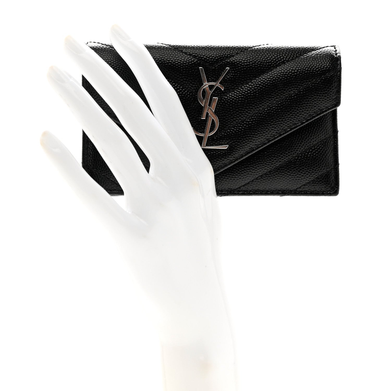 Saint Laurent Grain De Poudre Matelasse Chevron Monogram Compact Wallet Black 2 of 8