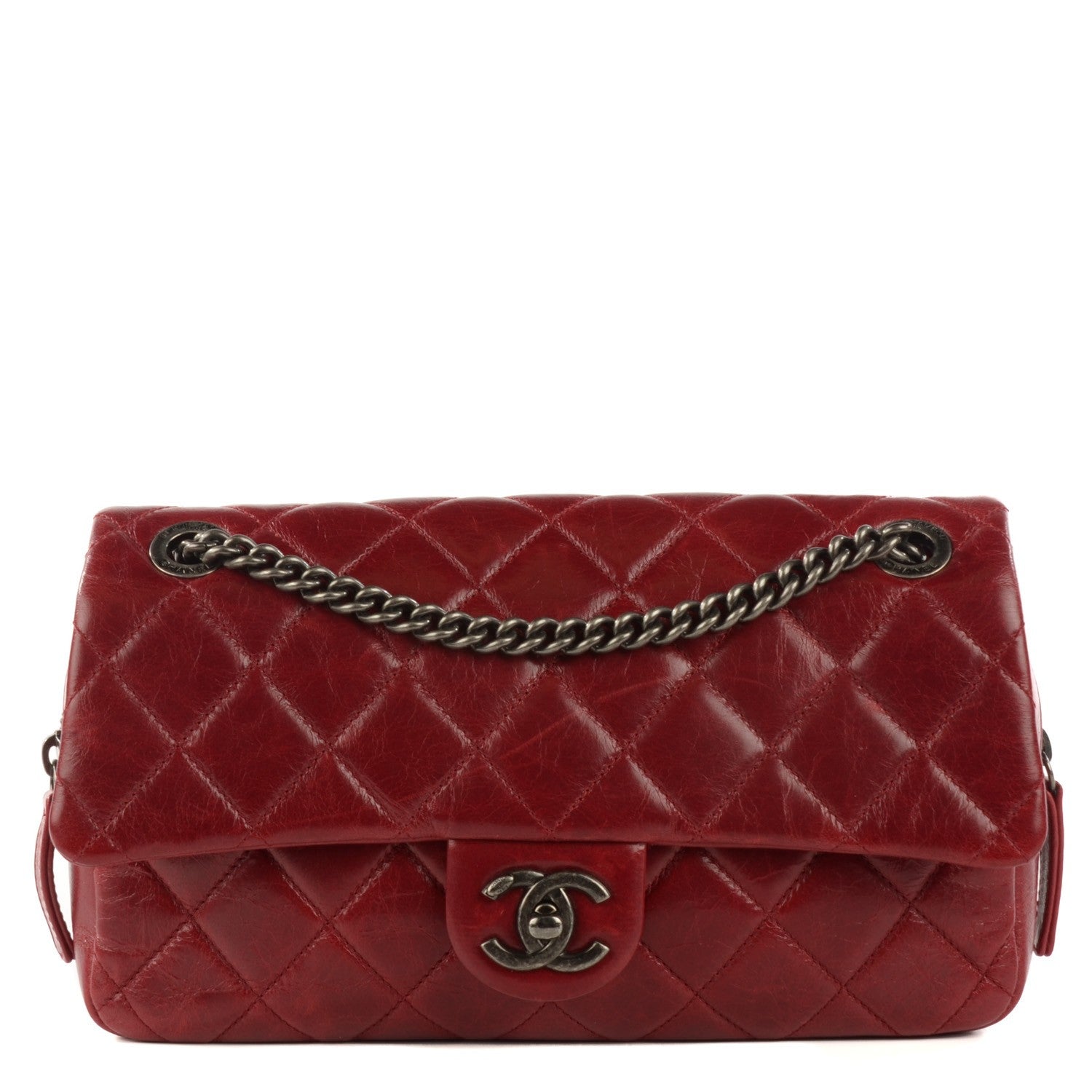 Chanel Glazed Calfskin Quilted Medium Duo Color Flap Dark Red 1 of 8