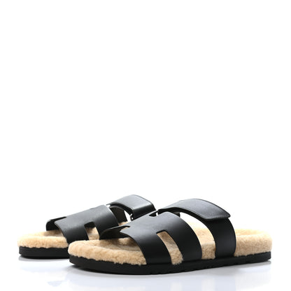 Hermes Calfskin Woolskin Mens Chypre Sandals 43 Black Ecru 3 of 7