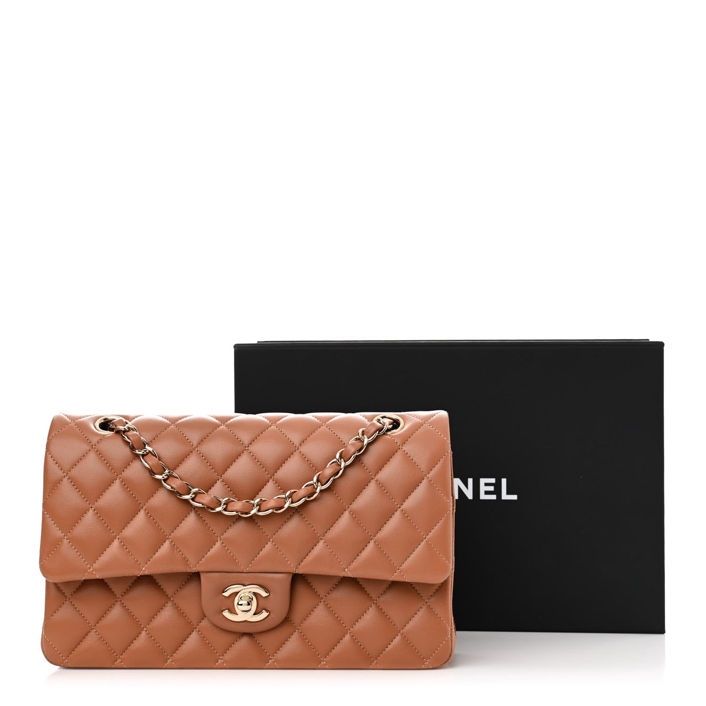 Lambskin Quilted Medium Double Flap Brown