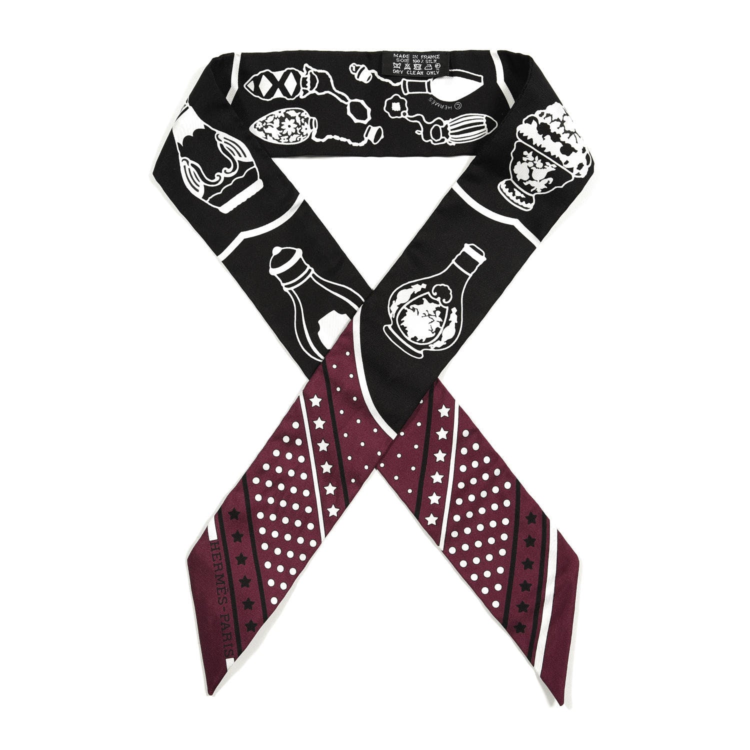Hermes Silk Les Flacons Bandana Twilly Prune Black White 1 of 3
