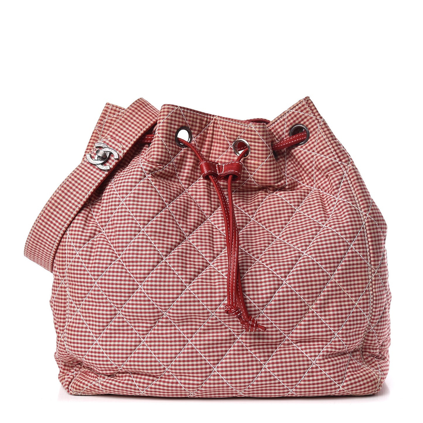Toile Gingham Quilted Drawstring Bag Red