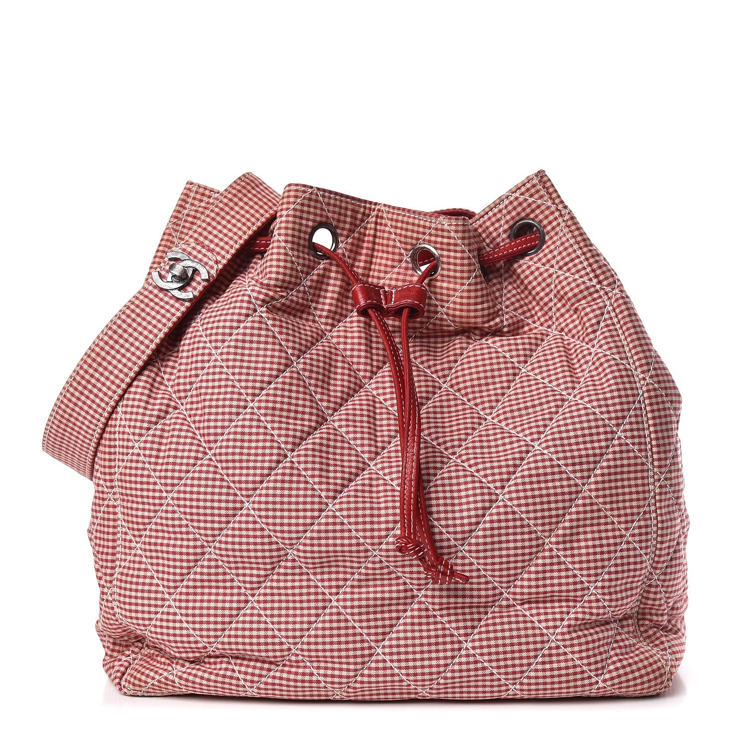 Chanel Toile Gingham Quilted Drawstring Bag Red 1 of 16