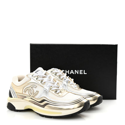 Chanel Fabric Laminated Calfskin Stretch CC Womens Sneakers 40 White Gold Silver 10 of 10