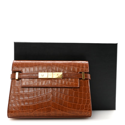 Saint Laurent Shiny Calfskin Crocodile Embossed Small Manhattan Baguette Dark Caramel 10 of 10