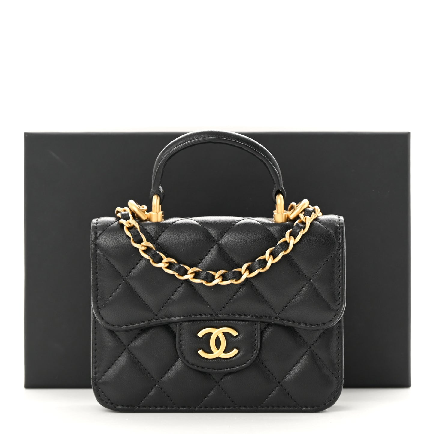 Lambskin Quilted Top Handle Flap Coin Purse With Chain Black