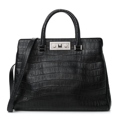 Saint Laurent Calfskin Crocodile Embossed Medium Trois Class Tote Black 1 of 4