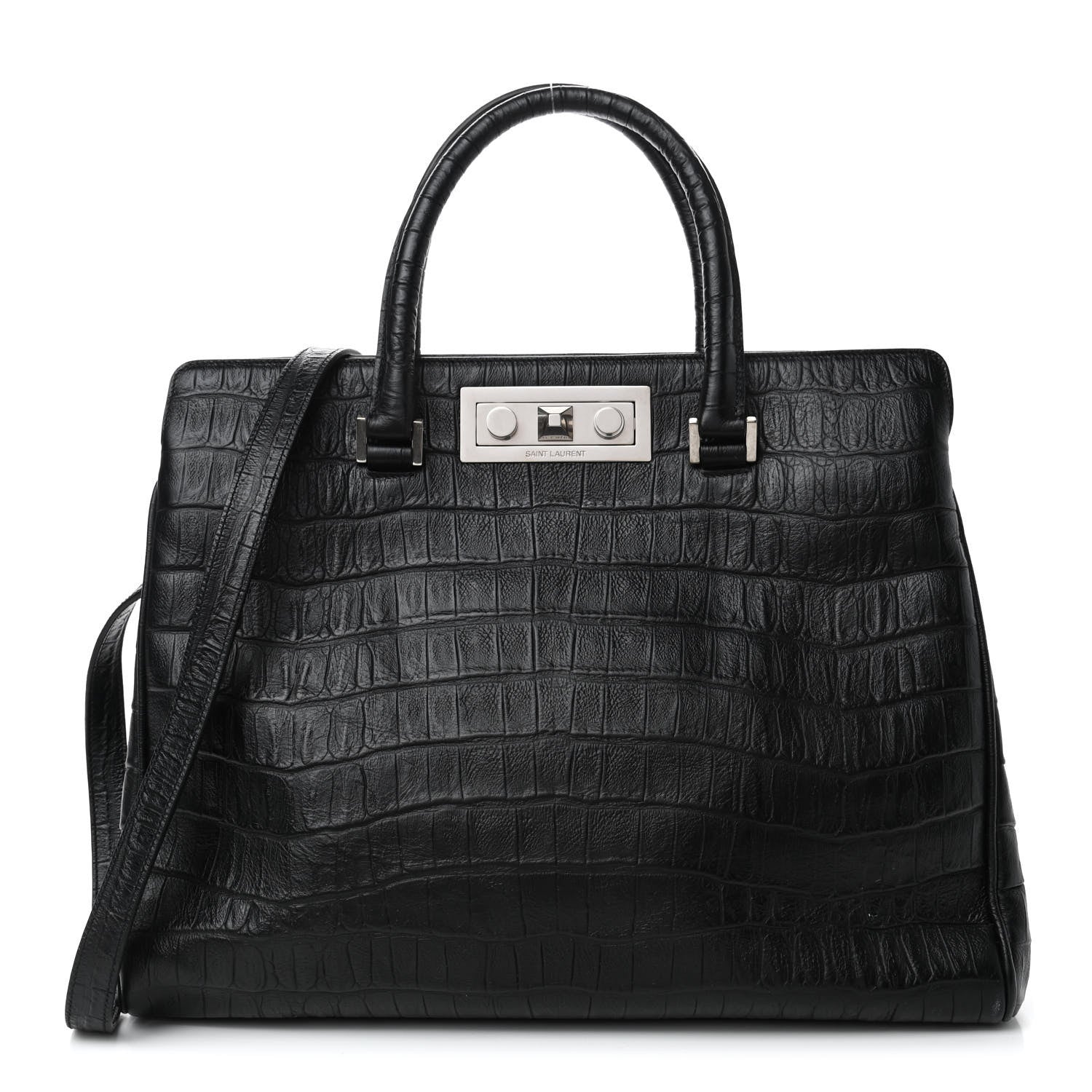 Saint Laurent Calfskin Crocodile Embossed Medium Trois Class Tote Black 1 of 5