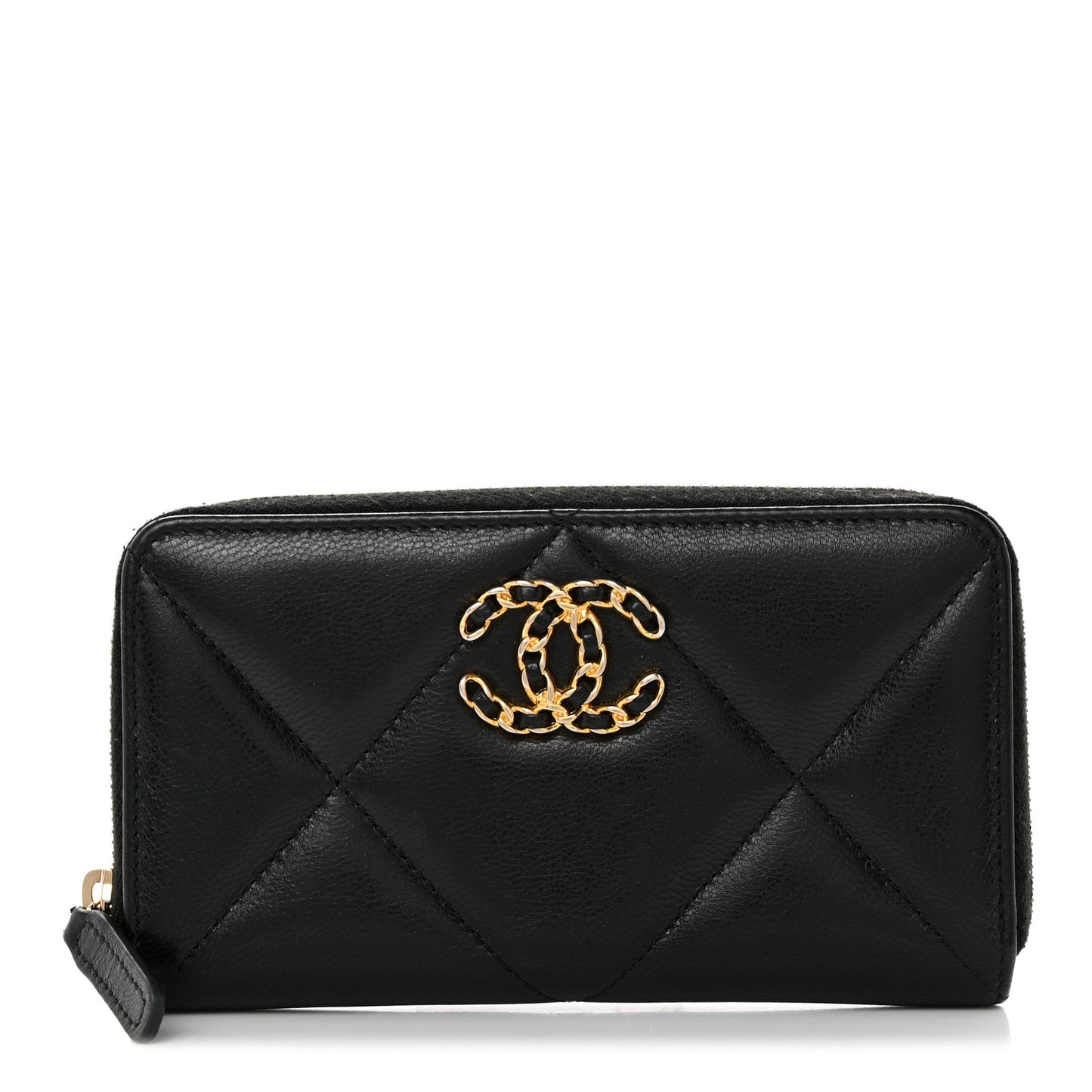 Shiny Goatskin Quilted Chanel 19 Long Zipped Around Wallet Black