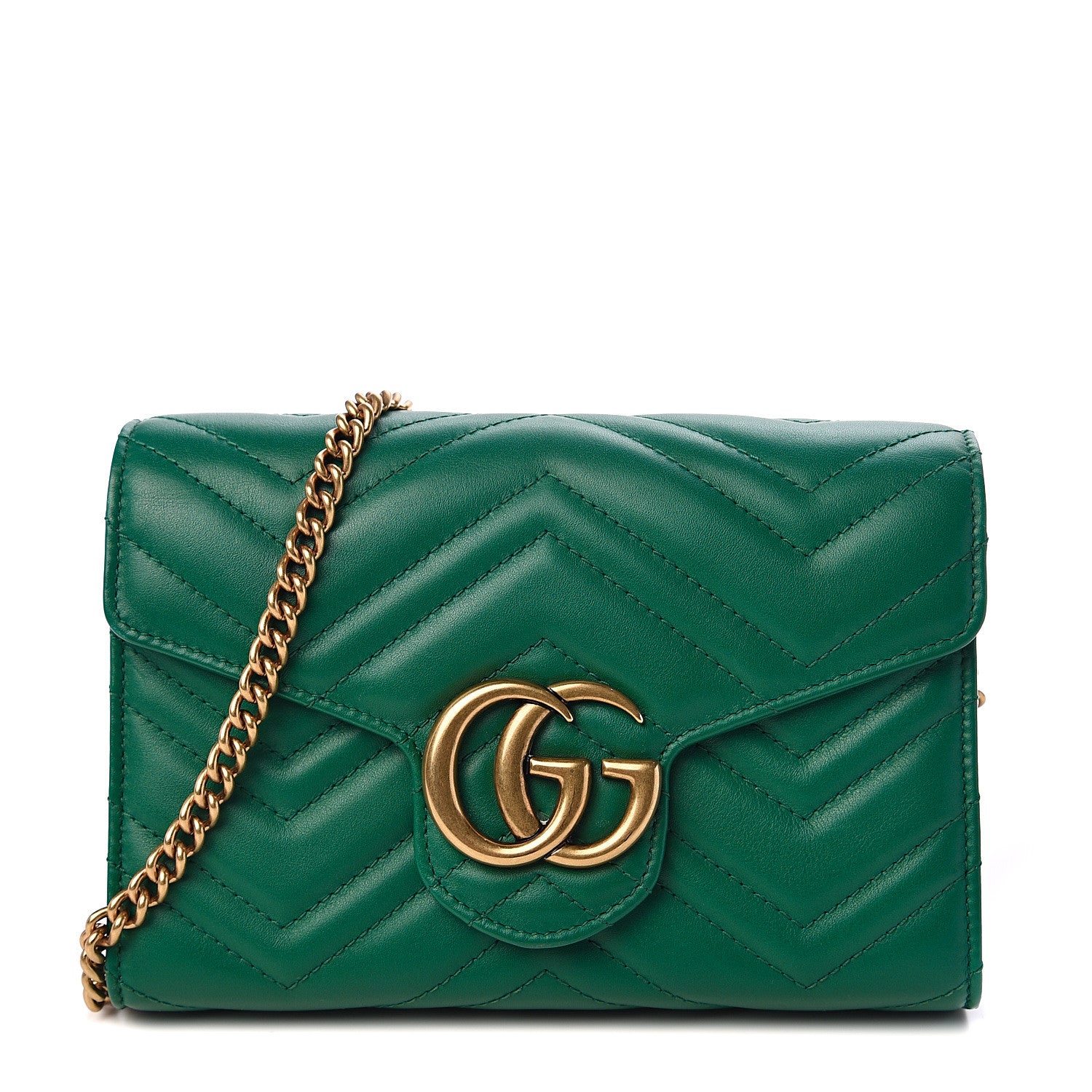 Gucci Calfskin Matelasse GG Marmont Chain Wallet Emerald Green 1 of 10