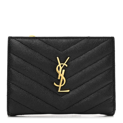 Saint Laurent Grain De Poudre Matelasse Chevron Monogram Zipped Card Case Black 1 of 7