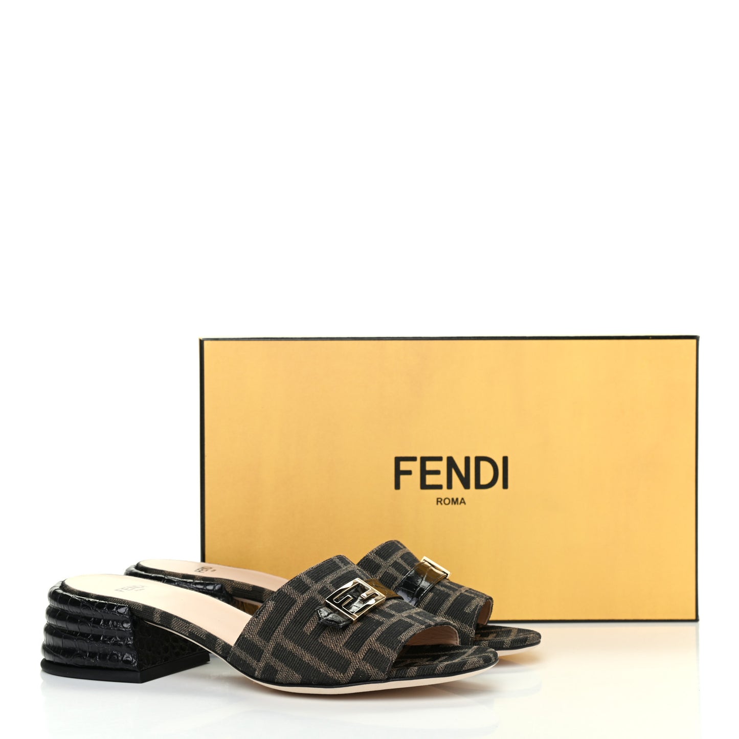 Jacquard Calfskin FF Crocodile Embossed Promenade Slide Sandals 37 Tobacco Moro Black