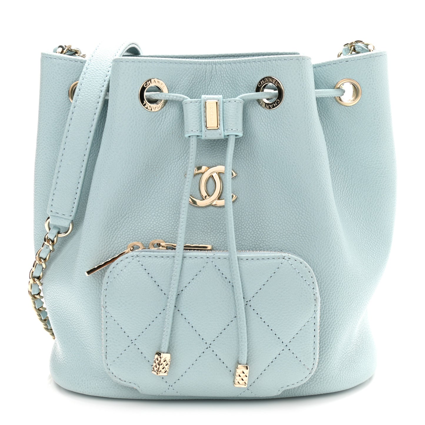 Caviar Quilted Pocket Bucket Bag Light Blue