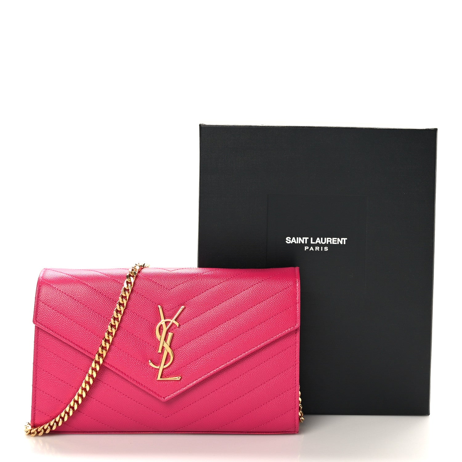 Saint Laurent Grain De Poudre Matelasse Chevron Monogram Chain Wallet Hot Pink 9 of 9