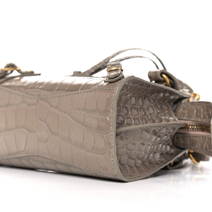 Balenciaga Shiny Supple Calfskin Crocodile Embossed Neo Classic Gold Hardware Nano City Crossbody Mink Grey 8 of 8