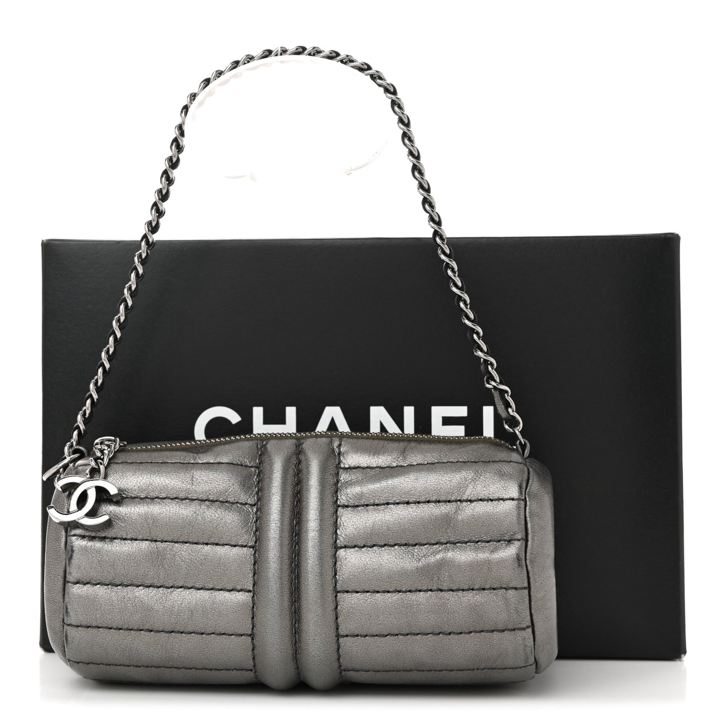 Metallic Lambskin Horizontal Quilt Pochette Dark Grey