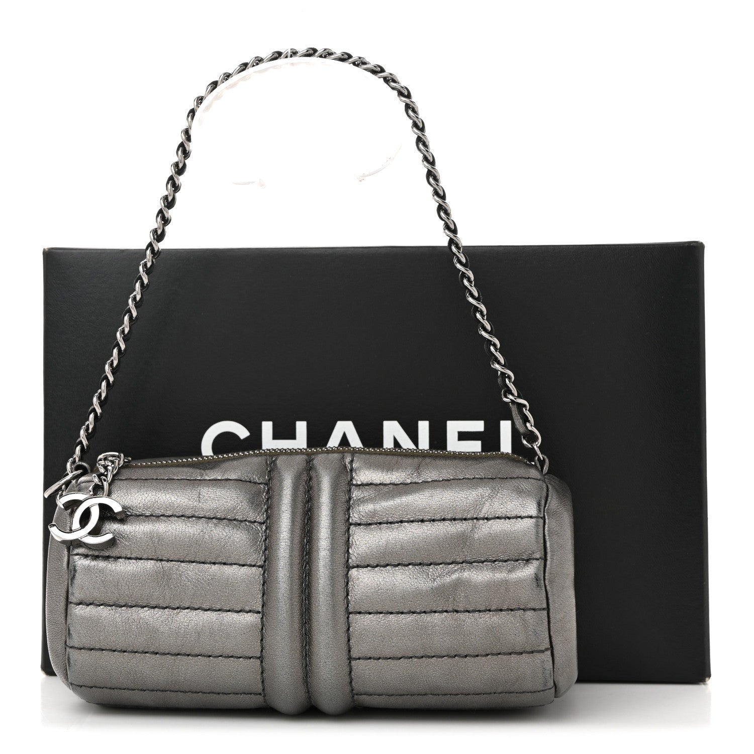 Chanel Metallic Lambskin Horizontal Quilt Pochette Dark Grey 12 of 12