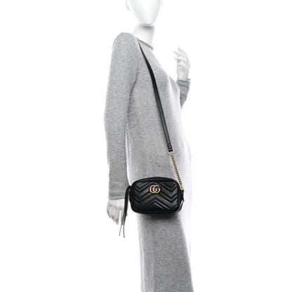 Gucci Calfskin Matelasse Mini GG Marmont Chain Shoulder Bag Black 2 of 12