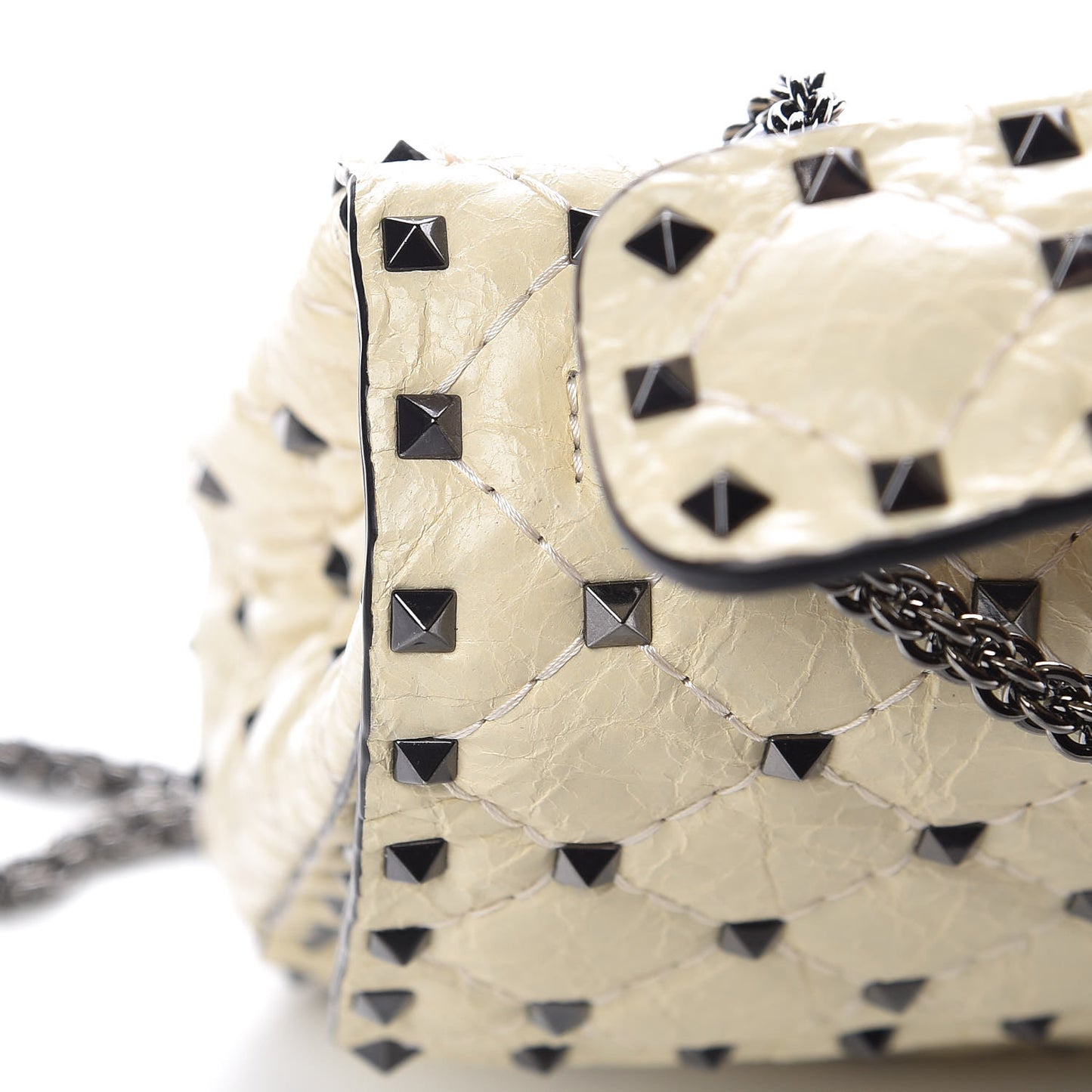 Craquele Nappa Medium Rockstud Spike Shoulder Bag Light Ivory