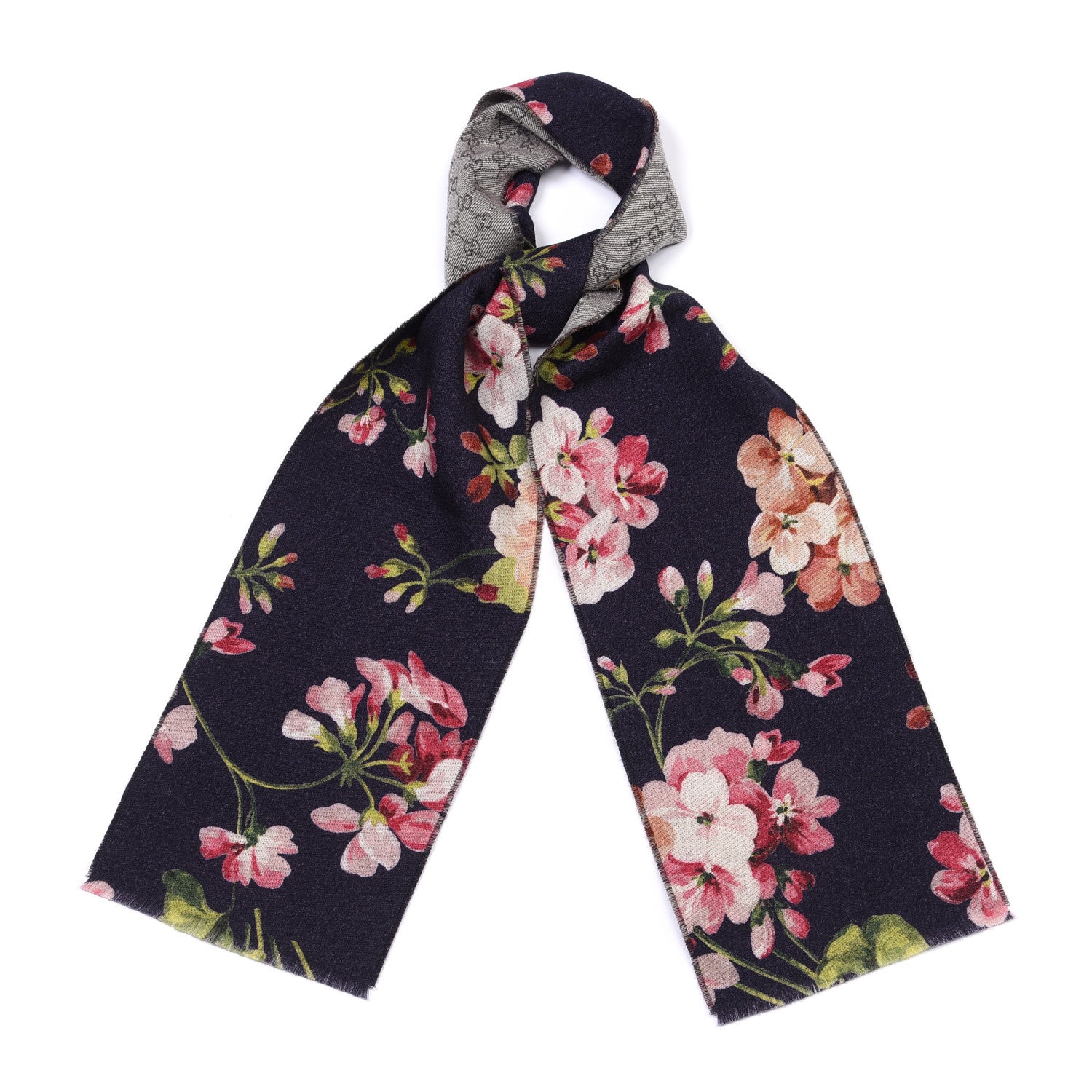 Gucci Wool Monogram Blooms Print Scarf Navy 1 of 4