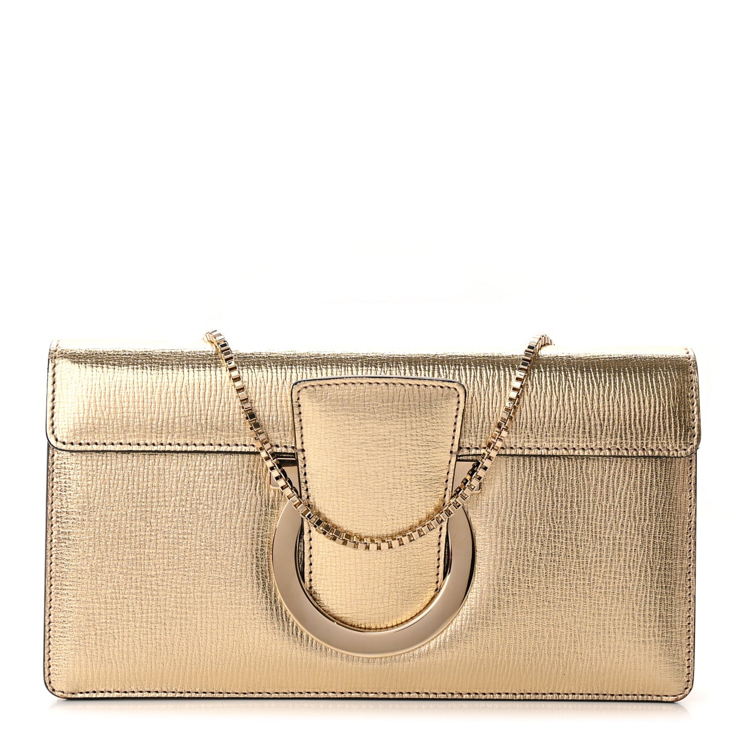Metallic Hammered Calfskin Thalia Clutch With Chain Gold
