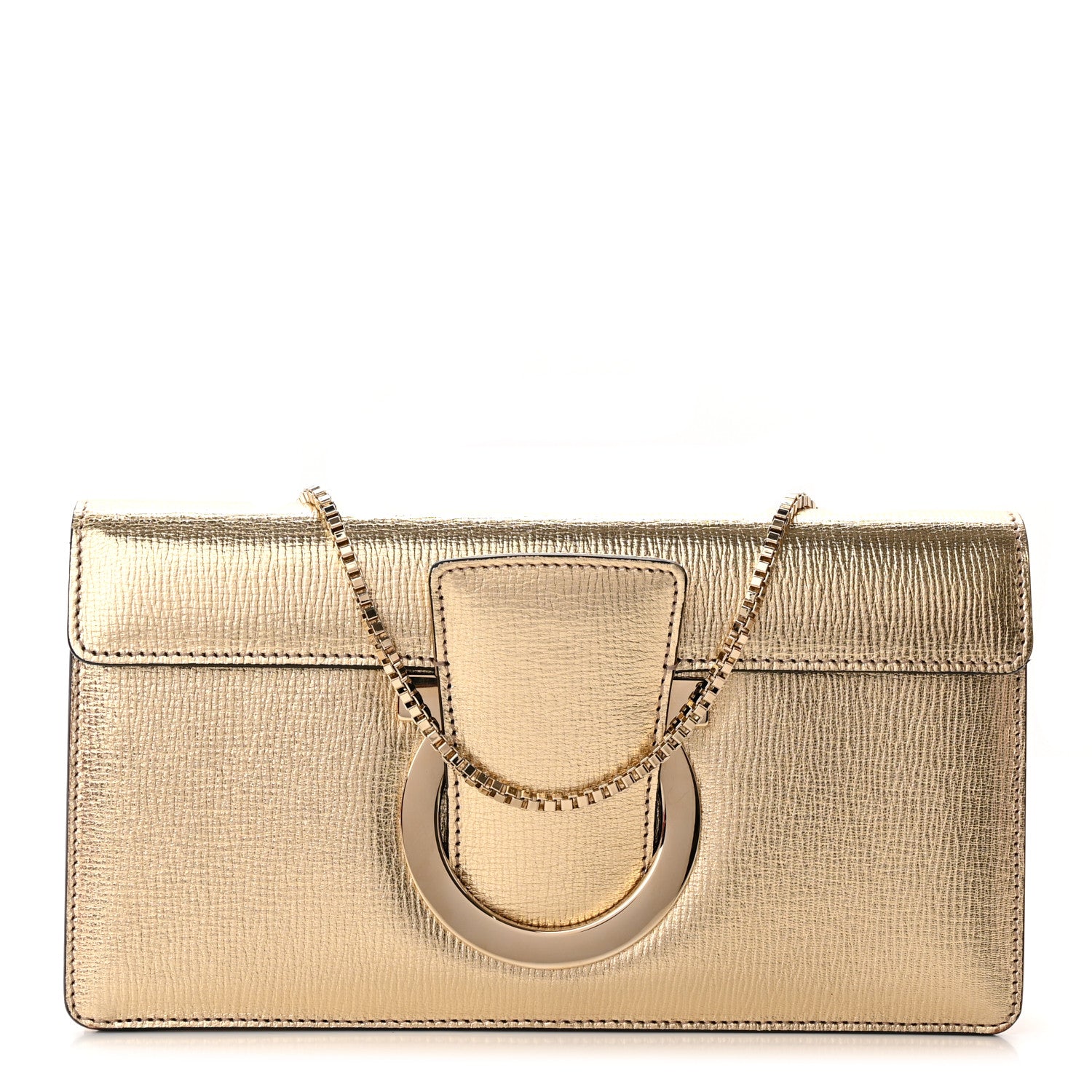 Salvatore Ferragamo Metallic Hammered Calfskin Thalia Clutch With Chain Gold 1 of 14
