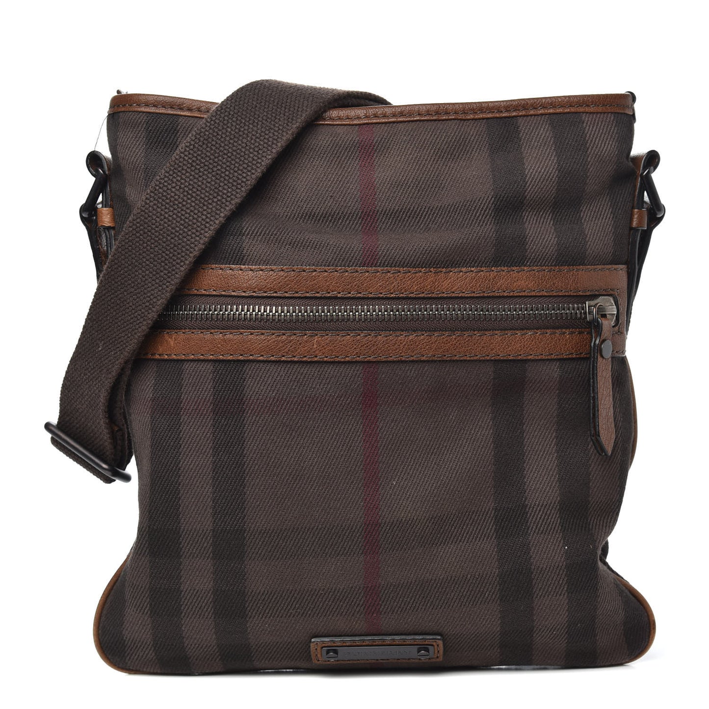 Overdyed Canvas House Check Flat Crossbody Messenger Bag Dark Brown