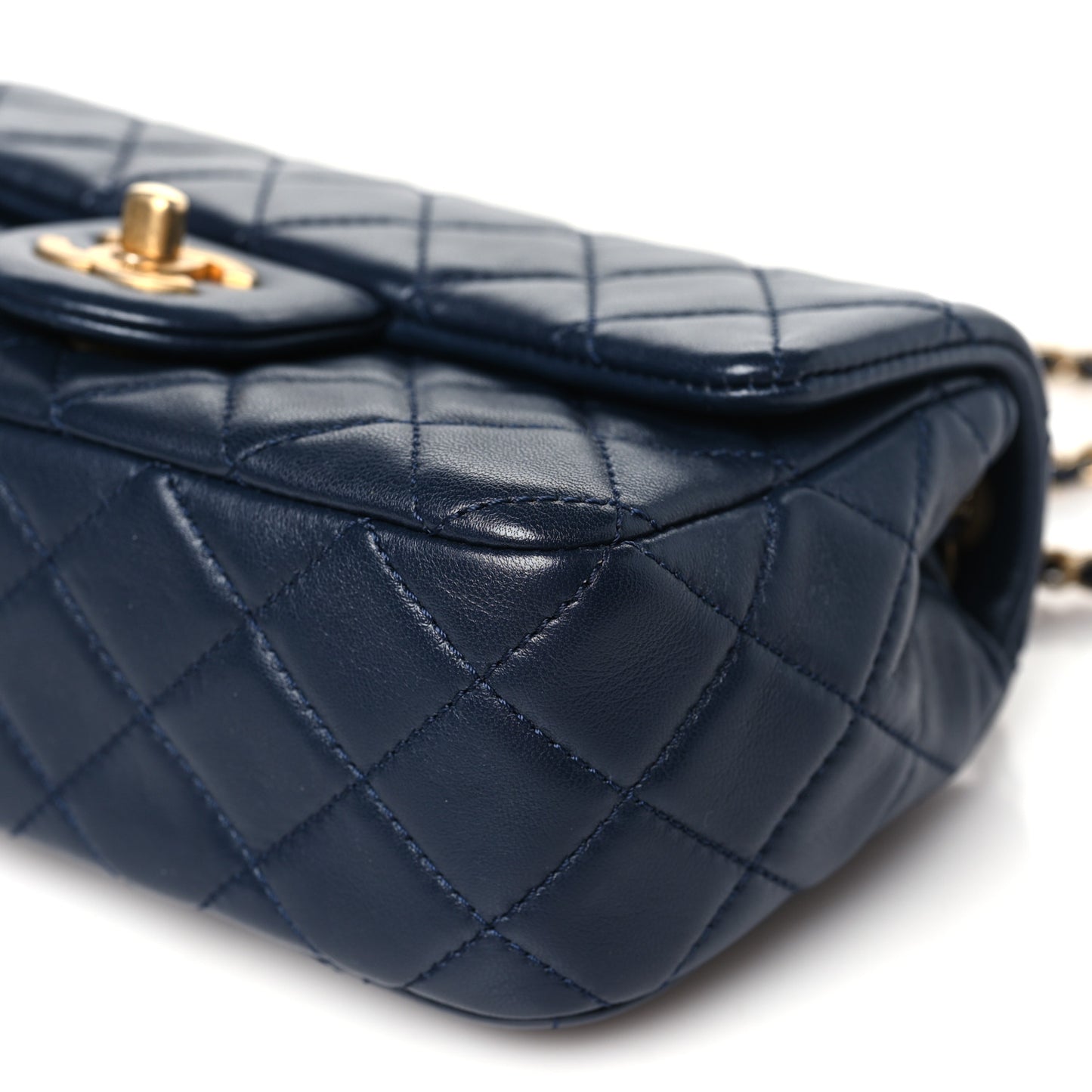 Lambskin Quilted Mini Pearl Crush Rectangular Flap Navy Blue