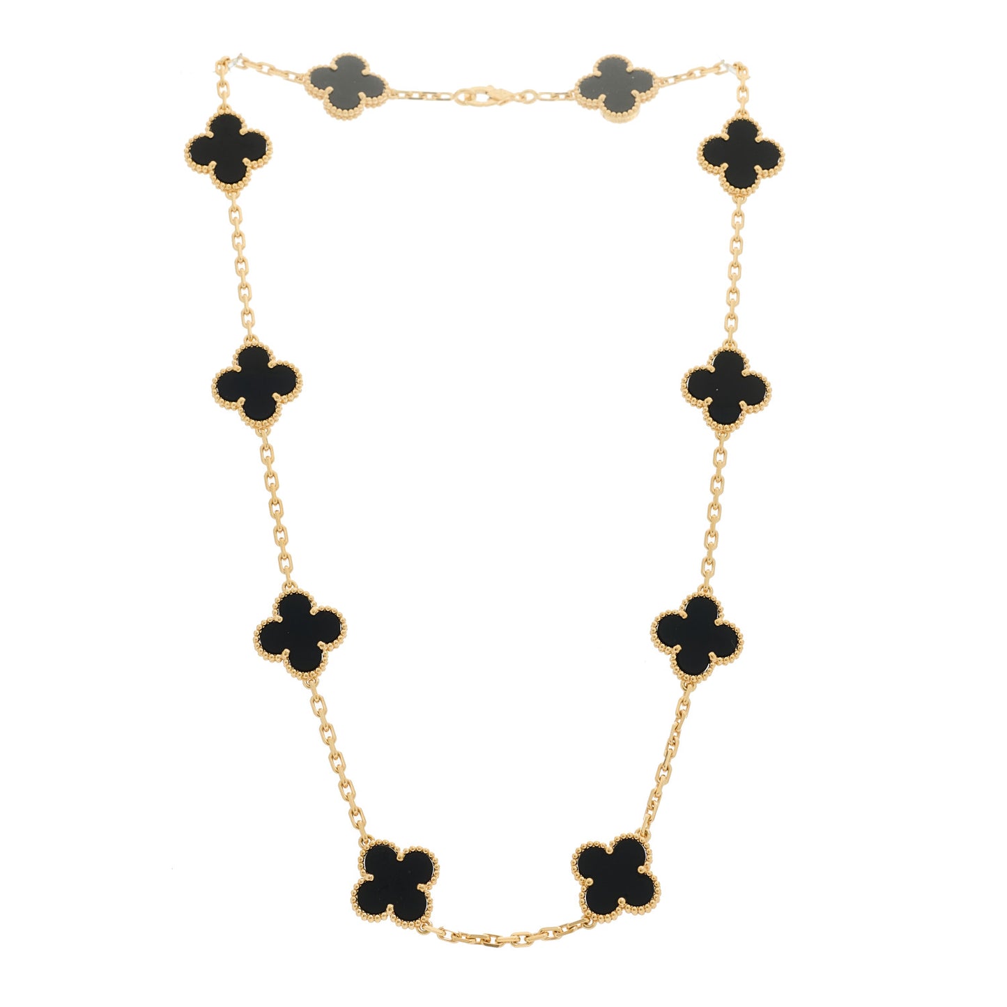 18K Yellow Gold Black Onyx 10 Motifs Vintage Alhambra Necklace