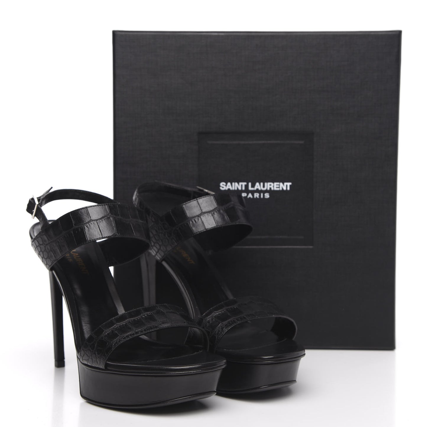Calfskin Crocodile Embossed 80 Platform Ankle Strap Sandals 40 Black