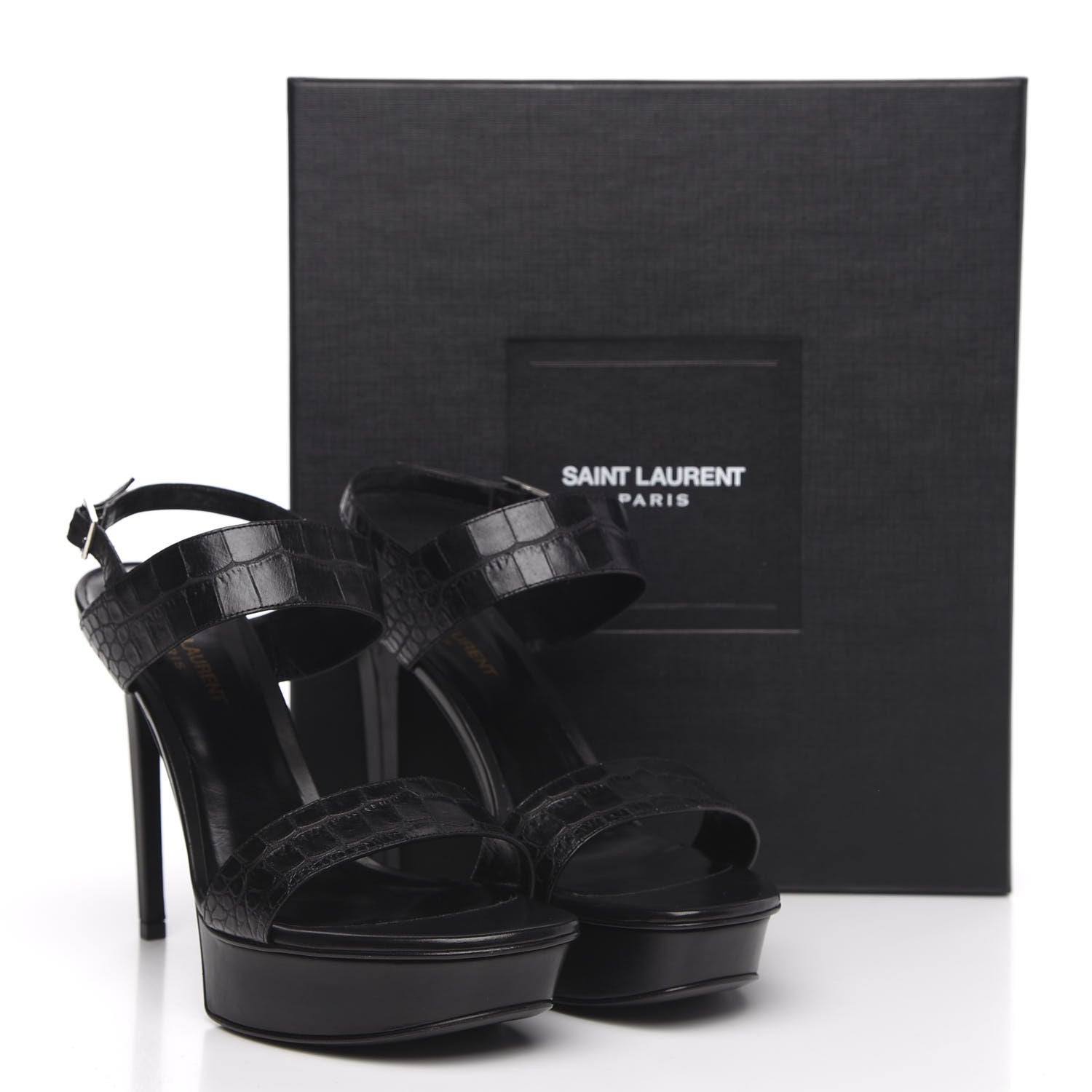 Saint Laurent Calfskin Crocodile Embossed 80 Platform Ankle Strap Sandals 40 Black 8 of 8