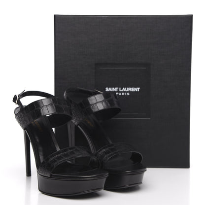 Saint Laurent Calfskin Crocodile Embossed 80 Platform Ankle Strap Sandals 40 Black 8 of 8
