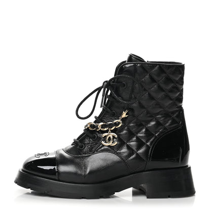 Chanel Shiny Calfskin Patent Quilted Chain Lace Up Combat Boots 38 Black 1 of 8