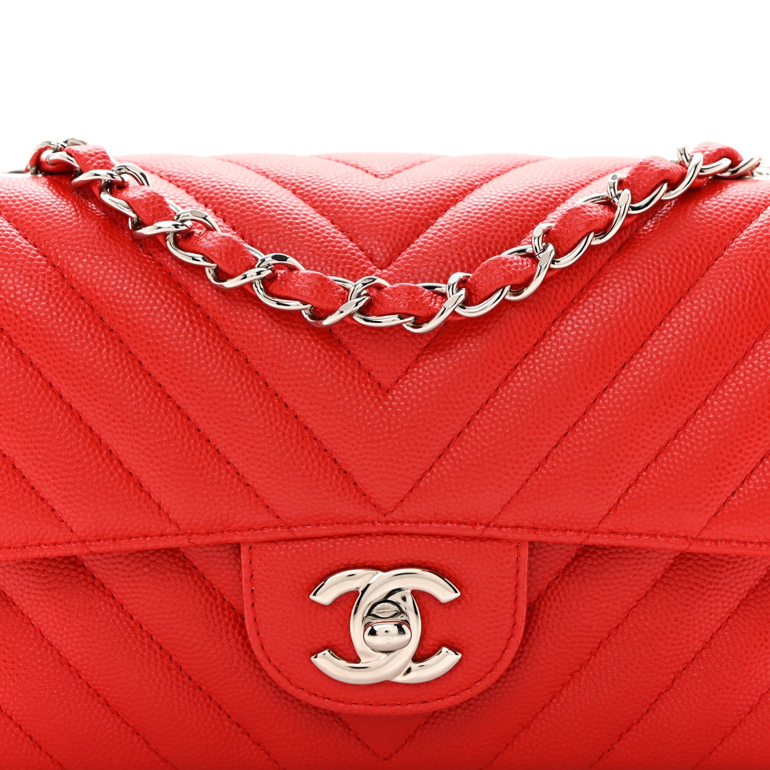 Chanel Caviar Chevron Quilted Mini Rectangular Flap Red 8 of 11