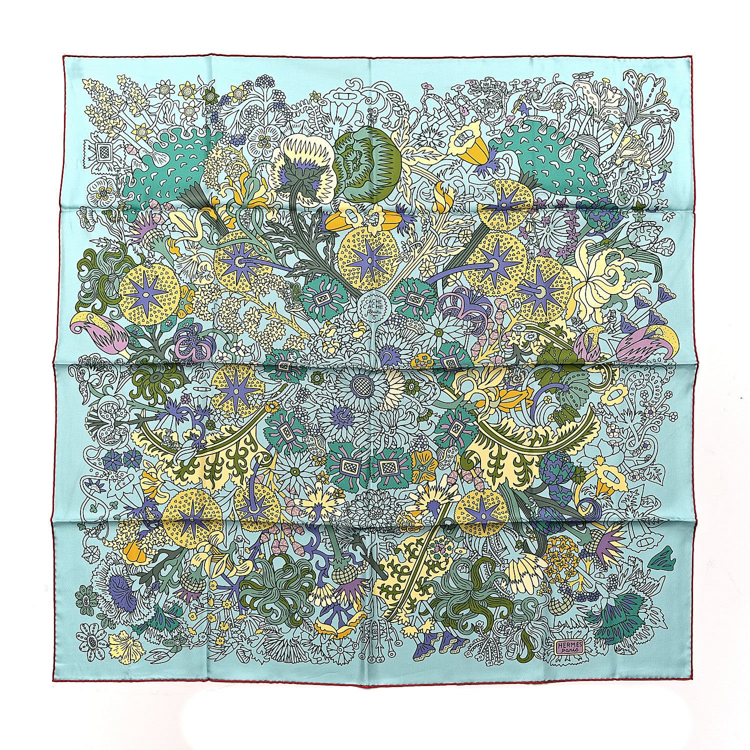 Hermes Silk Cache Cache Fleuri Scarf 90 Vert Pale Jaune 1 of 6