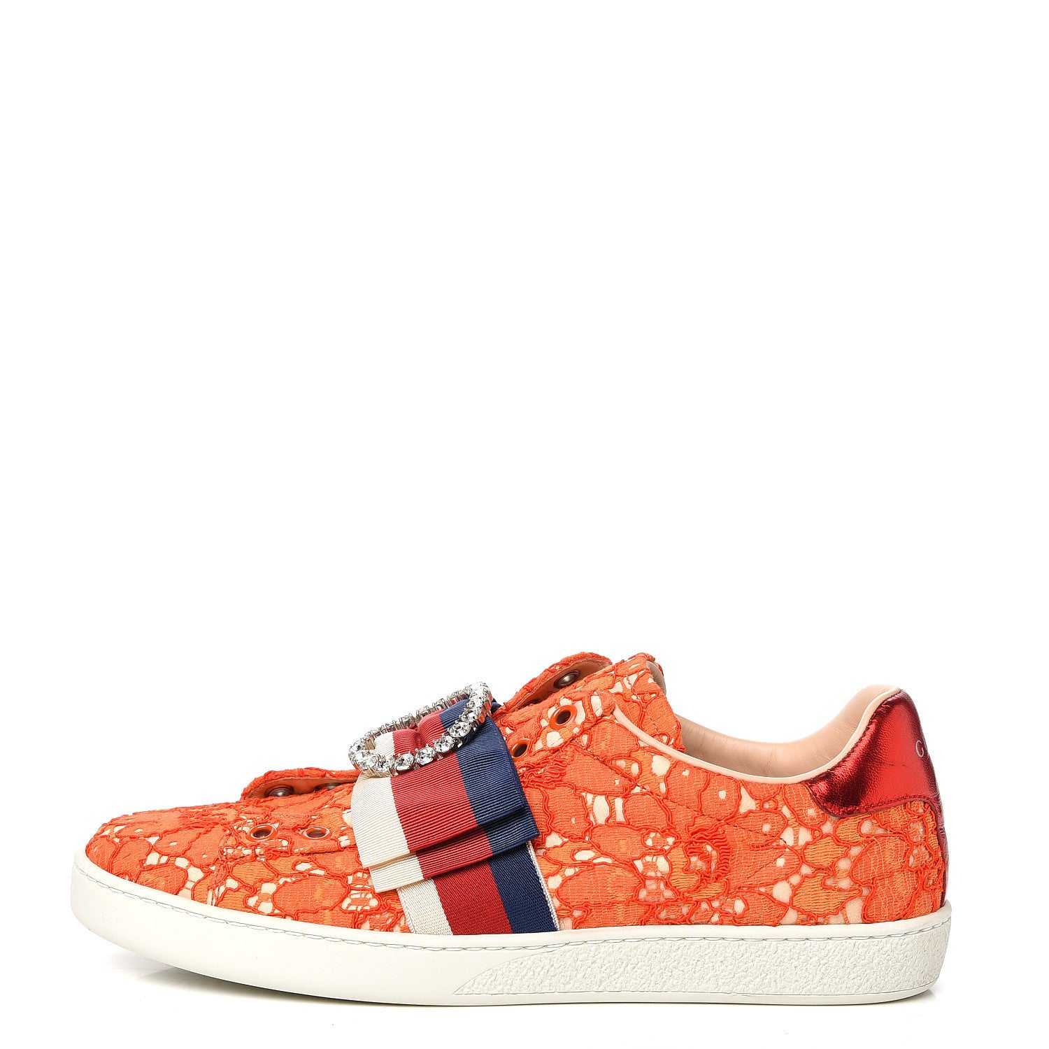 Gucci Lace Crystal Sylvie Web Flower Leaf Womens Ace Sneakers 38 Hot Orange Tan Beige 1 of 8