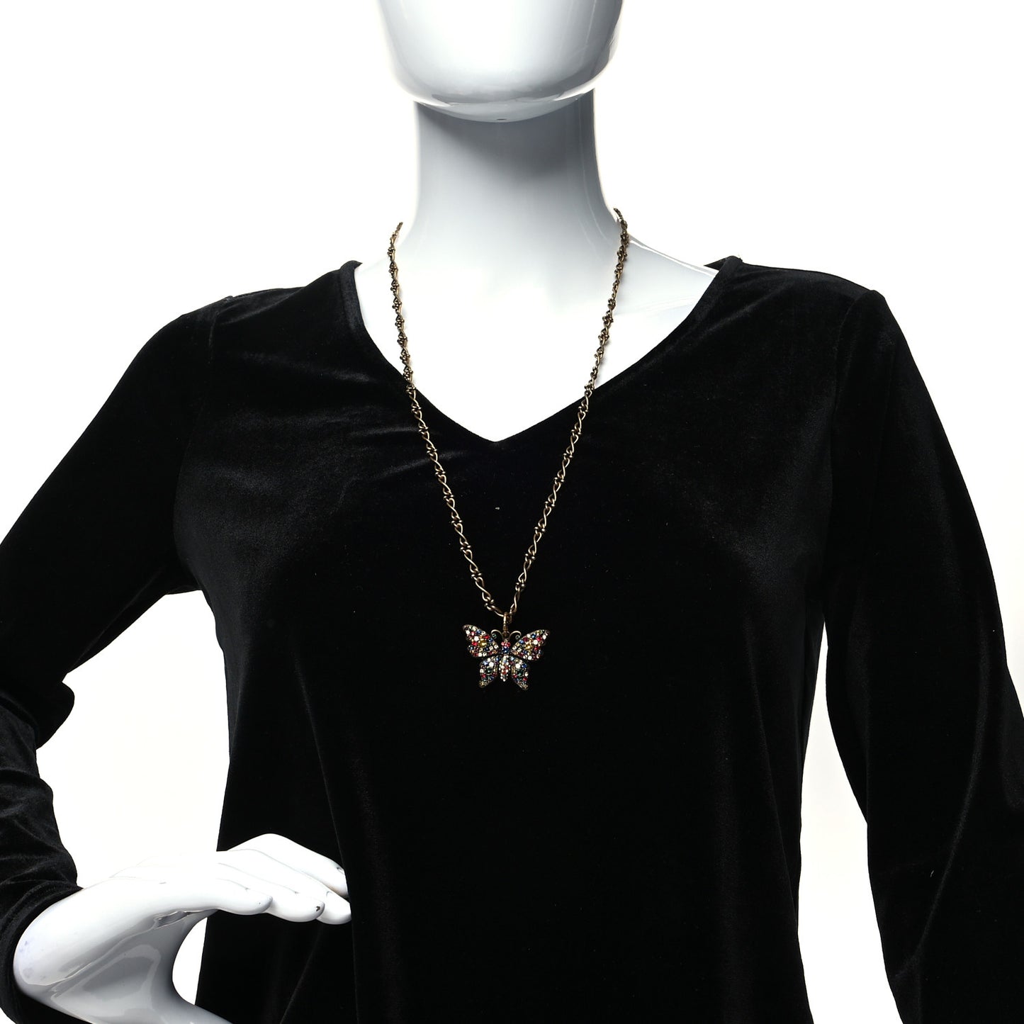 Metal Crystal Butterfly Necklace Aged Gold Multicolor