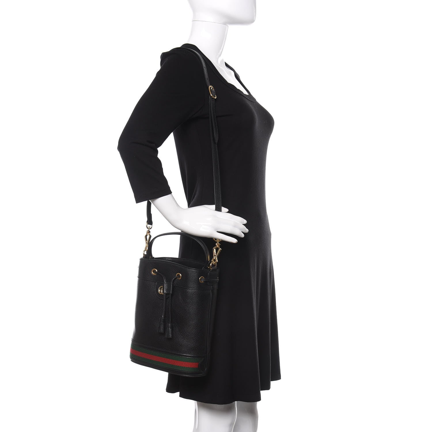 Gucci Glazed Textured Calfskin Web Small Ophidia Bucket Bag Black 2 of 11