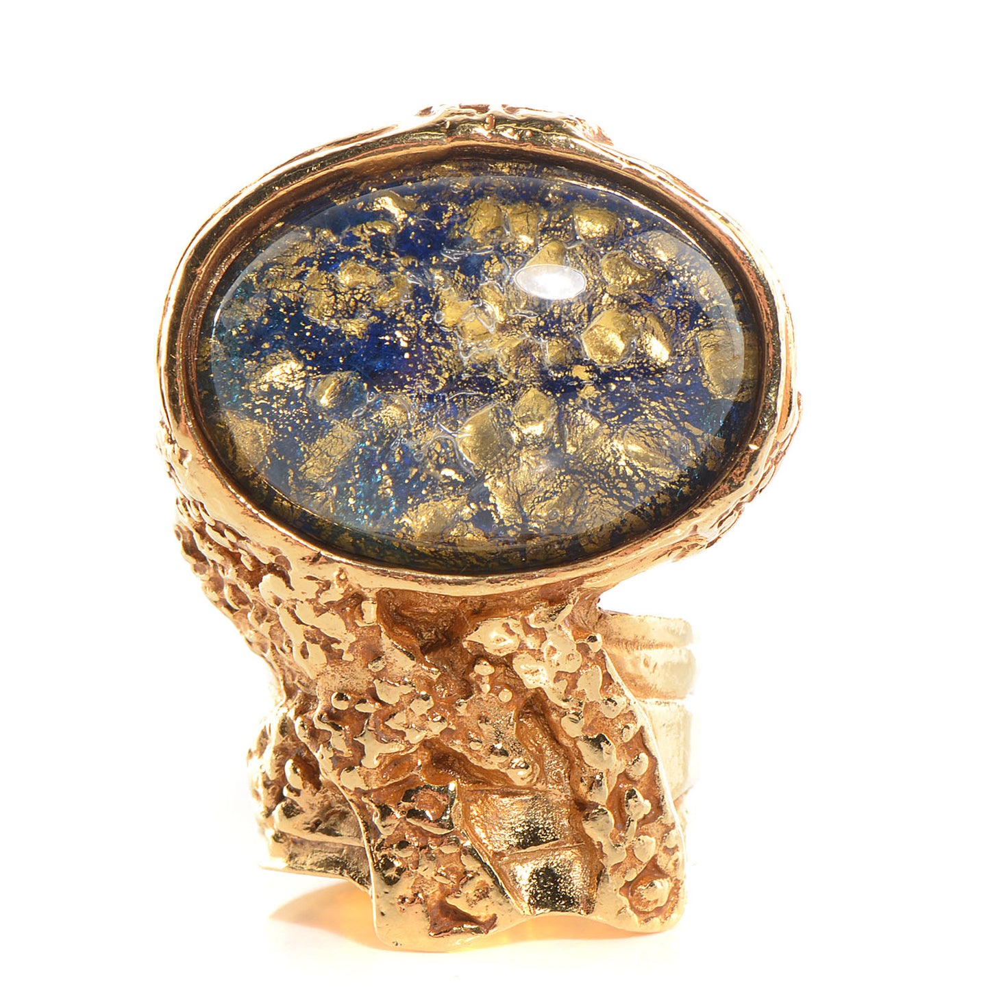 Glass Cabochon Arty Ovale Ring 6 Gold Navy
