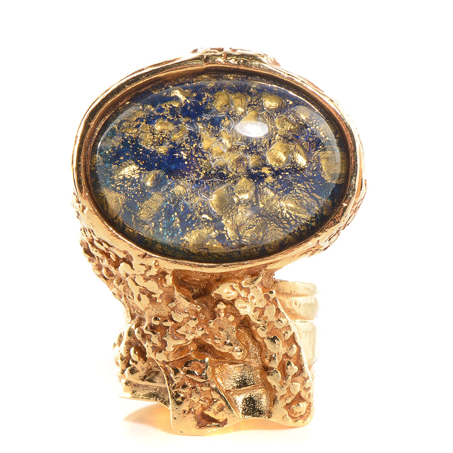 Saint Laurent Glass Cabochon Arty Ovale Ring 6 Gold Navy 1 of 3