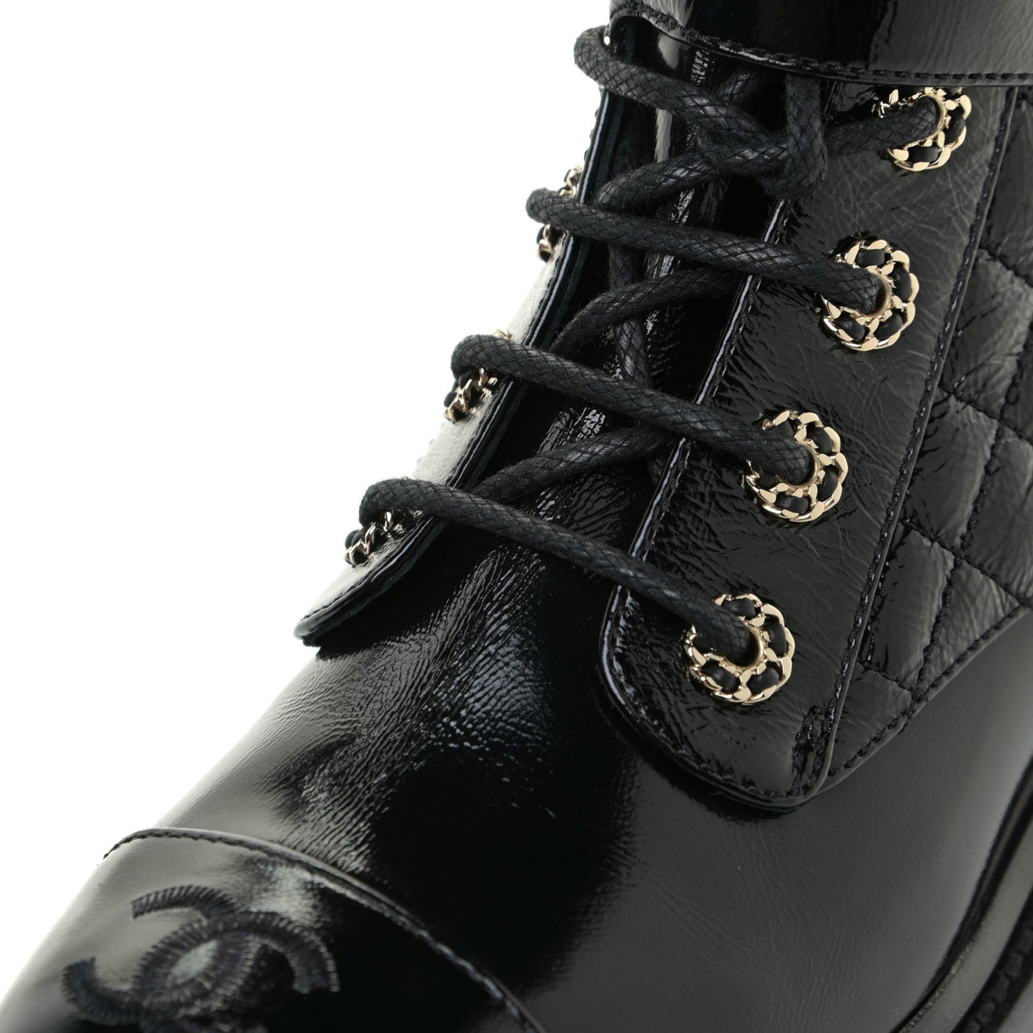 Shiny Calfskin Quilted Lace Up Combat Boots 38 Black