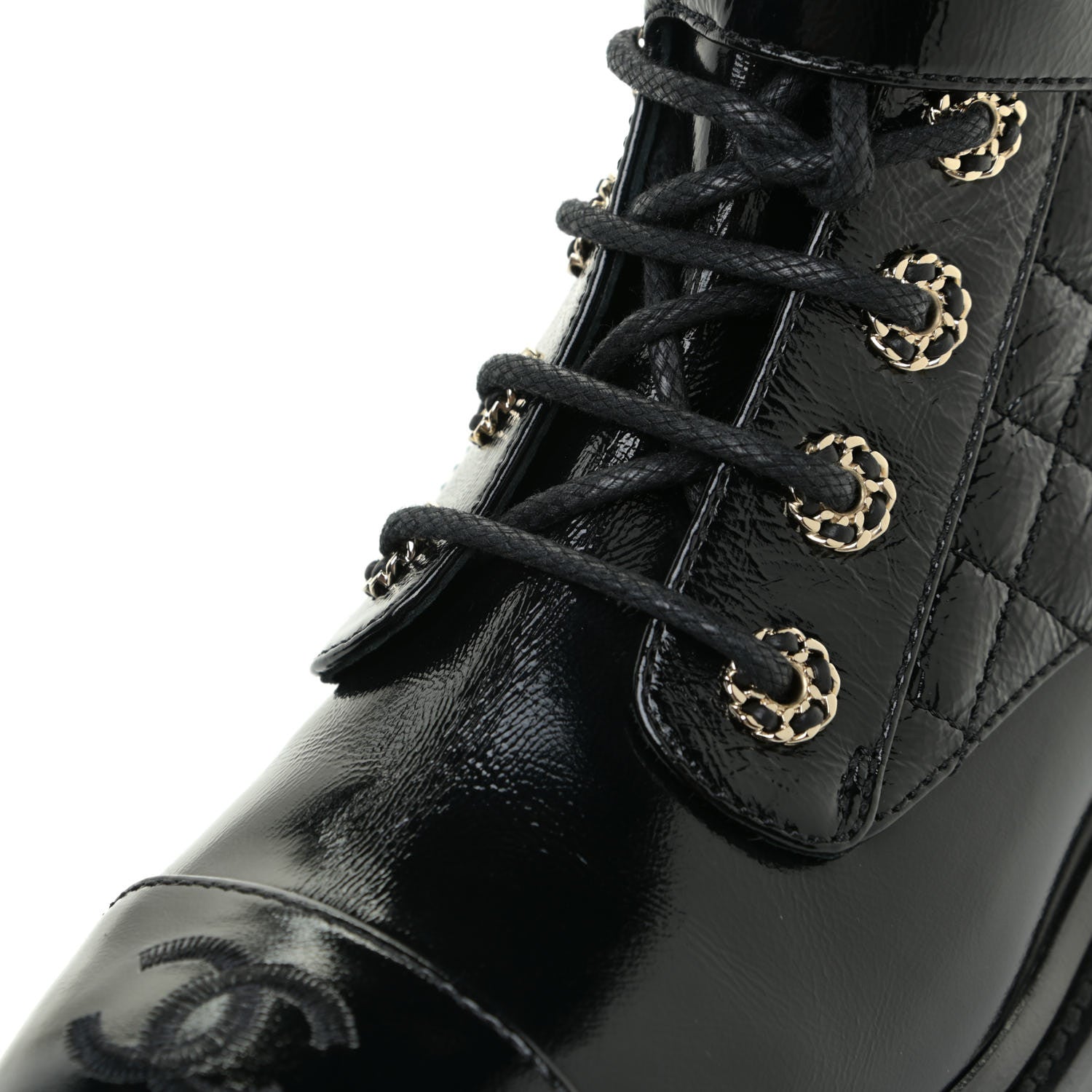 Chanel Shiny Calfskin Quilted Lace Up Combat Boots 38 Black 11 of 13