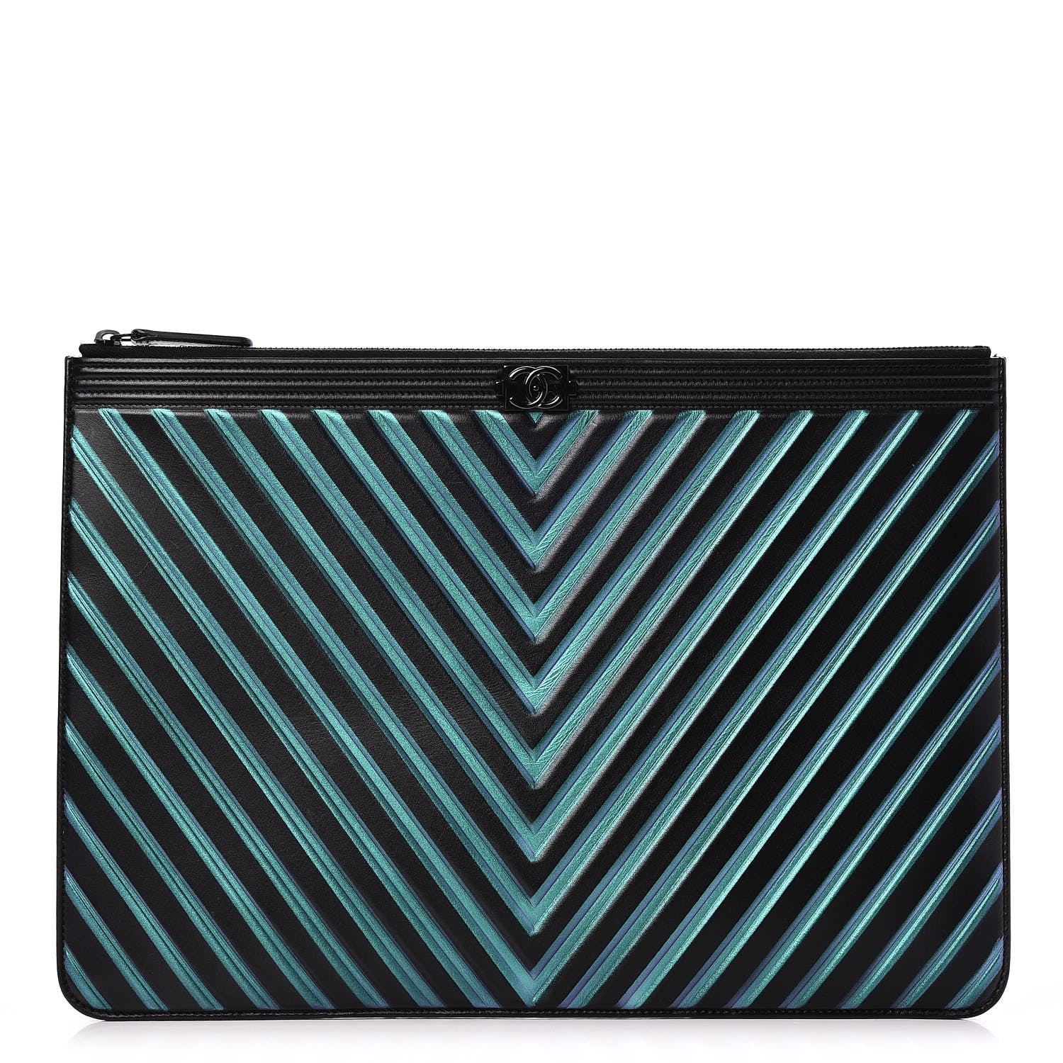 Chanel Calfskin Painted Chevron Embossed Boy Zip Pouch Black 1 of 8