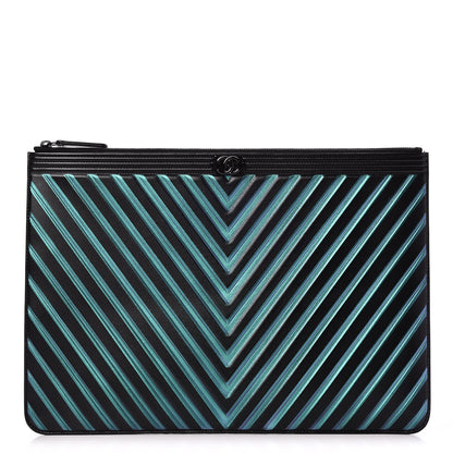 Chanel Calfskin Painted Chevron Embossed Boy Zip Pouch Black 1 of 8