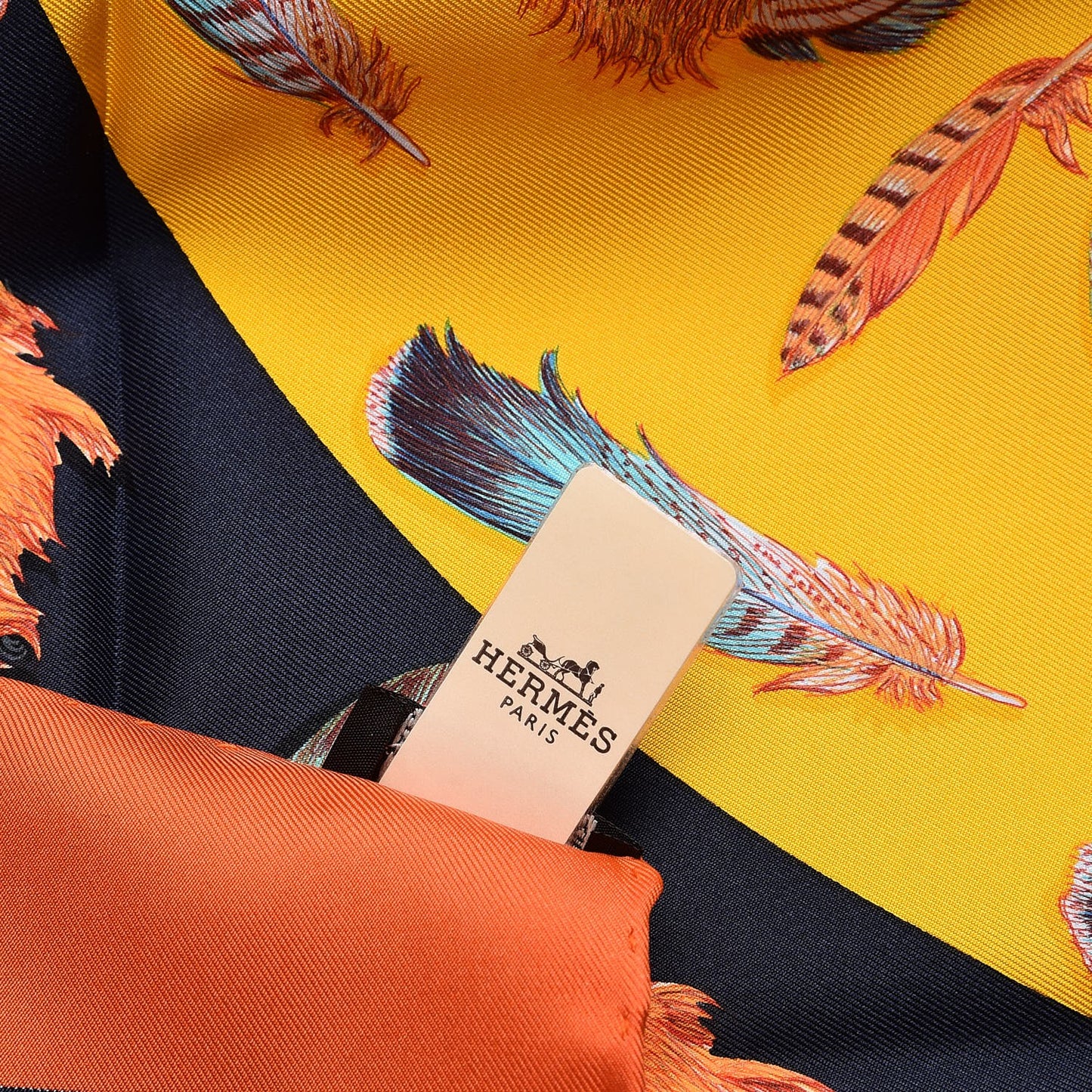 Silk Plumes II Scarf 90 Capucine Marine Jaune D'Or